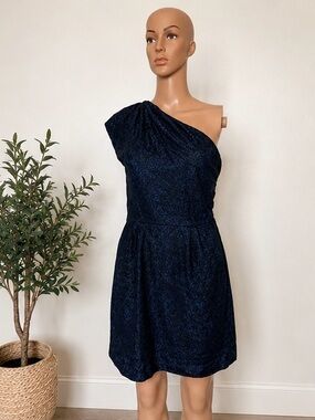 BCBGeneration Blue & Black One-Shoulder Jacquard Cocktail Dress NWT Size 12